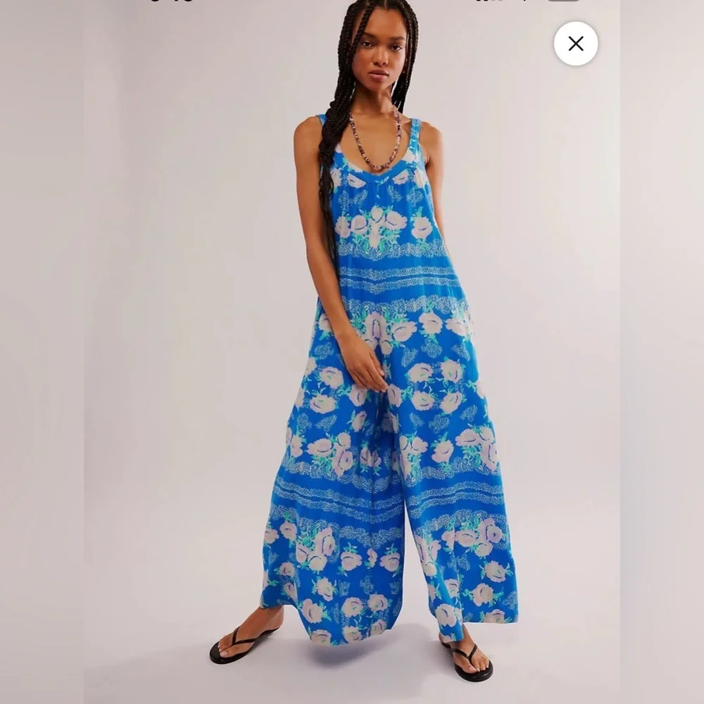 Free People Bali Lillie Scarf Print Jumpsuit in Sweet Blue Combo Size XS - Picture 1 of 14